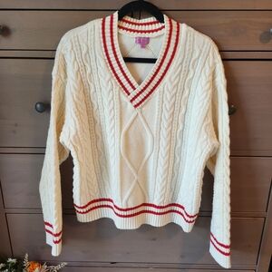 Preppy V-Neck Cable Knit Pullover Sweater With Red Stripes